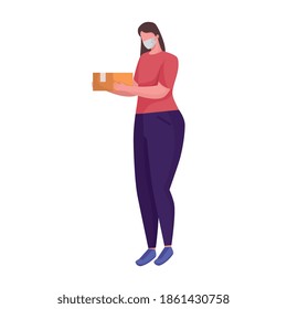 woman wearing medical mask lifting box character vector illustration design