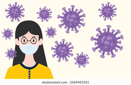 Woman wearing medical mask to protect COVID-19 or prevent disease, flu, air pollution, contaminated air, world pollution concept. HMPV, Human Metapneumovirus.