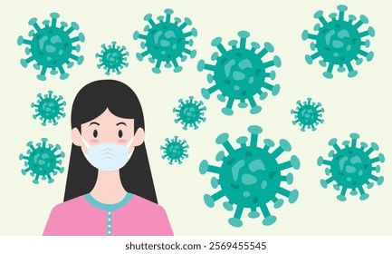 Woman wearing medical mask to protect COVID-19 or prevent disease, flu, air pollution, contaminated air, world pollution concept. HMPV, Human Metapneumovirus.