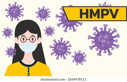 Woman wearing medical mask to protect HMPV, Human Metapneumovirus. COVID-19 or prevent disease, flu, air pollution, contaminated air, world pollution concept.