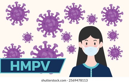 Woman wearing medical mask to protect HMPV, Human Metapneumovirus. COVID-19 or prevent disease, flu, air pollution, contaminated air, world pollution concept.