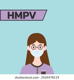 Woman wearing medical mask to protect HMPV, Human Metapneumovirus. COVID-19 or prevent disease, flu, air pollution, contaminated air, world pollution concept.