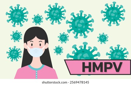 Woman wearing medical mask to protect HMPV, Human Metapneumovirus. COVID-19 or prevent disease, flu, air pollution, contaminated air, world pollution concept.