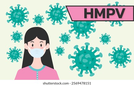 Woman wearing medical mask to protect HMPV, Human Metapneumovirus. COVID-19 or prevent disease, flu, air pollution, contaminated air, world pollution concept.