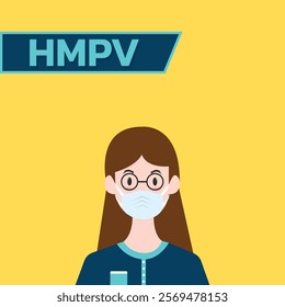 Woman wearing medical mask to protect HMPV, Human Metapneumovirus. COVID-19 or prevent disease, flu, air pollution, contaminated air, world pollution concept.