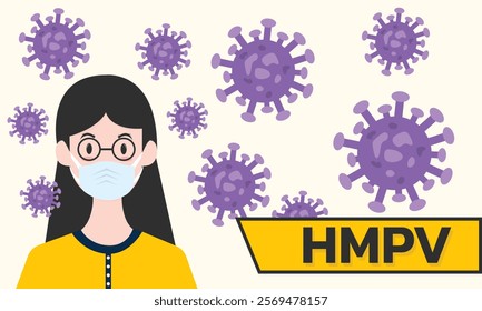 Woman wearing medical mask to protect HMPV, Human Metapneumovirus. COVID-19 or prevent disease, flu, air pollution, contaminated air, world pollution concept.