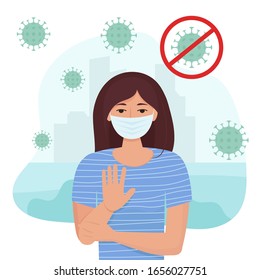 Woman wearing a medical mask. Respiratory virus concept, coronavirus quarantine. Stop coronavirus concept. Vector illustration in flat style