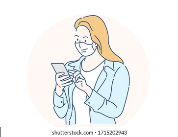 A woman wearing a medical mask and she is using a smartphone to chat with her friends. Hand drawn in thin line style, vector illustrations.