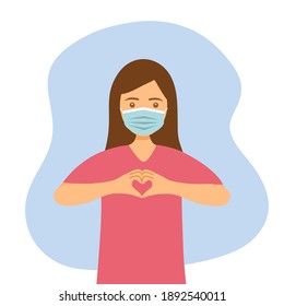 Woman wearing medical mask and show a message of love hand gesture for both hands. Hand fold into heart symbol vector illustration. Valentine’s Day concept.