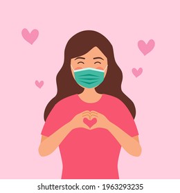 Woman wearing medical mask and show a message of love hand gesture for both hands. Hand fold into heart symbol vector illustration. Valentine’s Day concept.