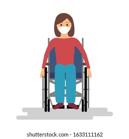 Woman wearing medical mask and sitting in a wheelchair. Cartoon flat design vector illustration on white background.