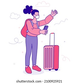 Woman wearing medical mask with suitcase. Female tourists with luggage. COVID-19 prevention. Pandemic health protection. Stay home. Travel agency. Online booking service vector outline illustration.