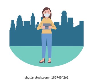 woman wearing medical mask using tablet vector illustration design