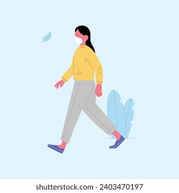 Mujer con mascarilla médica caminando. Ilustración vectorial al estilo de las caricaturas planas.