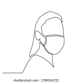 Woman wearing medical masks to prevent disease, flu, air pollution, contaminated air, world pollution one line drawing. Protection from coronavirus, COVID-19. Against COVID-19. Vector illustration.