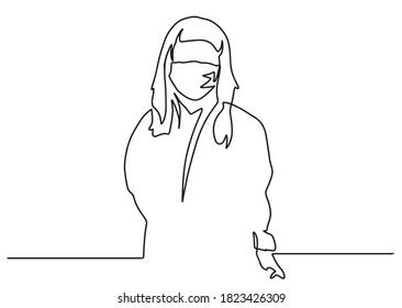 Woman wearing medical masks to prevent disease, flu, air pollution, contaminated air, world pollution one line drawing. Protection from coronavirus, COVID-19. Against COVID-19. Vector illustration.