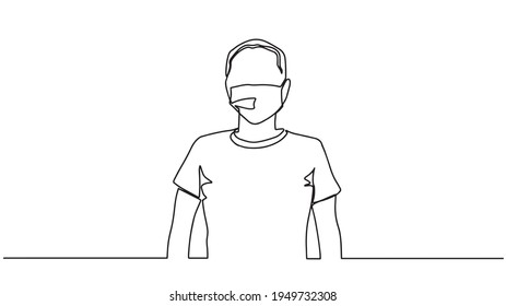 Woman wearing medical masks to prevent disease, flu, air pollution, contaminated air, world pollution one line drawing. Protection from coronavirus, COVID-19. Against COVID-19. Vector illustration.