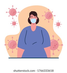 woman wearing medical protective mask against covid 19, with cells of coronavirus in environment vector illustration design