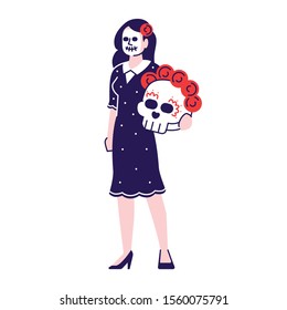 Woman wearing Mexican day of dead costume flat vector illustrations set. Cartoon character with outline elements isolated on white background. Sugar scull face. Dia de los Muertos celebration