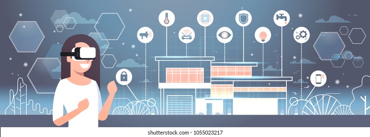 Woman Wearing Modern 3d Glasses Using Smart Home Technology Of Automation, Innovation And Virtual Reality Concept