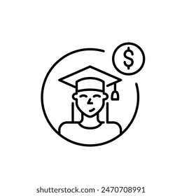 Woman wearing mortarboard. Graduate avatar and dollar sign. Tuition fee. Pixel perfect, editable stroke vector icon