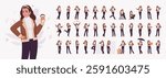 Woman wearing nice shearling warm coat jacket character set. Cold winter comfort, autumn day attractive lady, stylish flared pants, boots for city daily life bundle, female model. Vector illustration