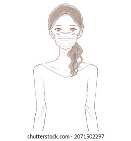 Woman wearing nonwoven mask. On white background.