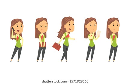 Woman Wearing Office Uniform and Working on Project During the Day Vector Set