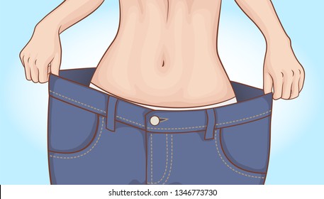 Woman wearing old big jeans, showing successful diet result.