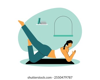 Woman wearing open top and trousers doing meditation calmly on mat, concentrating closing eyes to focus, vector illustration.