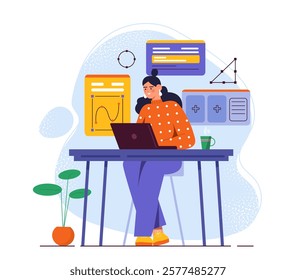 Woman wearing orange sweater at desk with laptop, surrounded by charts and graphs, minimal design, white background. Concept of data analysis. Vector illustration