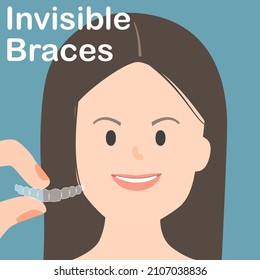 Woman wearing orthodontic silicone trainer. Invisible braces aligner. invisalign braces or invisible retainer. beautiful smile.Girl with braces.