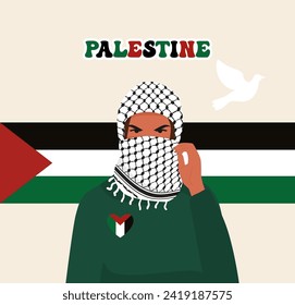 Woman wearing Palestine scarf. Free Palestine. Vector