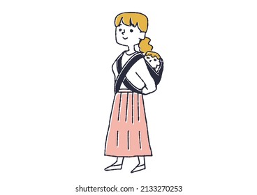  A woman wearing a piggyback strap on a child, a comical handwritten person, a vector, and simple coloring of line drawings.
