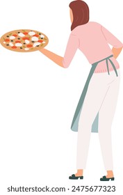 woman wearing pink blouse white pants, carrying pizza, graceful posture, isolated white background, chef holding fresh pizza, apron, colorful toppings, casual shoes, isolated background, person