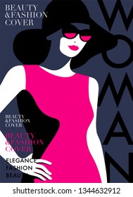 Woman wearing pink dress, big hat and sunglasses. Fashion magazine cover design. Vector illustration