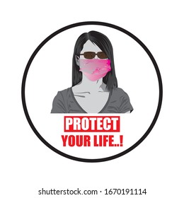 Woman wearing a pink medical protective mask for health protection from influenza viruses, corona, epidemics and infectious diseases, illustrated vector image