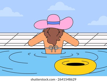 Woman wearing a pink sunhat relaxing in a swimming pool with a yellow float nearby. Ideal for summer, holiday, tropical relaxation, and resort vector illustration cartoon