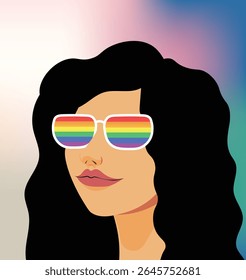 Woman wearing pride rainbow sunglasses