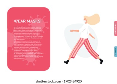 Woman wearing protection from virus. Young girl with medical masks to prevent disease, flu, air pollution, contaminated air, world pollution. Vector illustration in a flat style