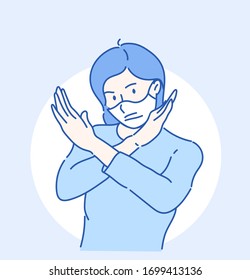 Woman Wearing Protective Face Mask, She With Crossed Arms Gesture Which Is A Symbol Representing Rejection. Infection Control Concept. Hand Drawn In Thin Line Style, Vector Illustrations.