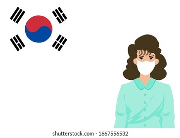 A woman is wearing a protective mask to avoiding CORONA Or COVID-19 virus, a large family of viruses. The background is Korea flag.