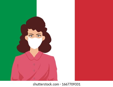 A woman is wearing a protective mask to avoiding CORONA Or COVID-19 virus, a large family of viruses. The background is Italian flag.