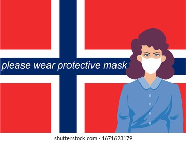 A woman is wearing a protective mask to avoiding CORONA Or COVID-19 virus, a large family of viruses. The background is Norwegian flag.