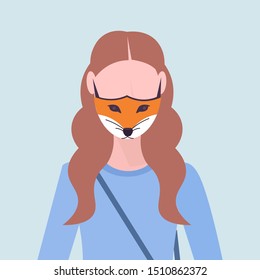 woman wearing protective mask with fox face smog air pollution virus protection concept girl profile avatar female cartoon character portrait flat
