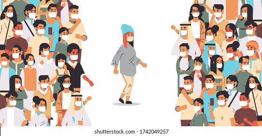 woman wearing protective mask keeping distance from people crowd to prevent coronavirus pandemic covid-19 quarantine social distancing concept horizontal vector illustration