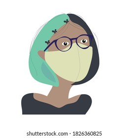Woman Wearing a Protective Mask to Protect Covid-19 or Corona Virus Outtbreak flat illustration isolated on white background green-haired girl or female in black 
blouse in cartoon flat style. 