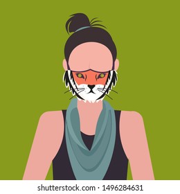 woman wearing protective mask with tiger face smog air pollution virus protection concept girl profile avatar female cartoon character portrait flat