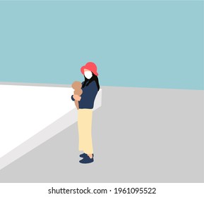 Woman wearing a protective mask is walking alone with a dog in city because of the corona virus pandemic covid-19.