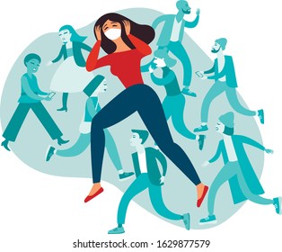 Woman wearing protective medical mask.  Crowd of stressful people behind. COVID-19  coronavirus outbreak in Europe concept. flat vector illustration